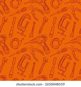 Seamless repair tools pattern in line art style with drill, clamp, pliers, wrench and screwdriver. Perfect for construction repair market and industrial design.
