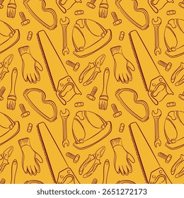 Seamless repair tools pattern in line art style with gloves, saw, pliers, wrench, helmet, brush, bolts and goggles on a yellow background for construction industry.