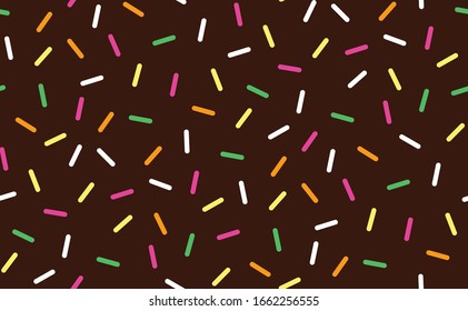 Seamless repeat background pattern of chocolate donut glaze design with colorful sprinkles. Great decorative design for dessert, cake, pastry, ice cream, sweet food and related textured graphic design