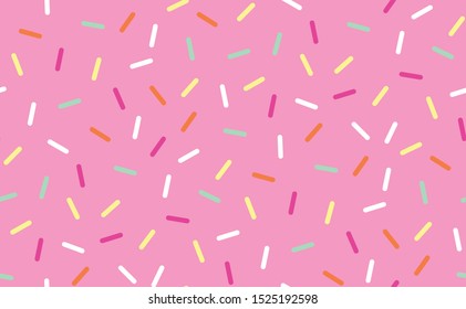 Seamless repeat background pattern of pink donut glaze with colorful sprinkles. Great decorative design for dessert, cake, pastry, ice cream, sweet food and related textured graphic design projects.
