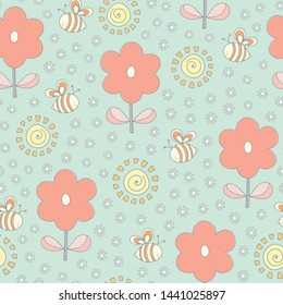 Seamless repeat of bees, flowers and sunshine. A sweet hand drawn vector floral and pollinator design ideal for children.