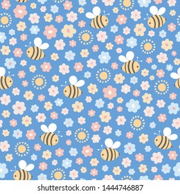 Seamless repeat of bees, flowers and sunshine. A sweet hand drawn vector floral and pollinator design ideal for children.