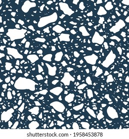 Seamless repeat blue and white stone pattern.
Terrazzo texture for flooring or architectural drawing. Vector tiles motif.