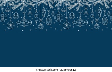Seamless repeat border with Christmas ornaments, spruce branches and snowflakes.  Linear vector illustration for card, print, wrapping and other New Year design.
