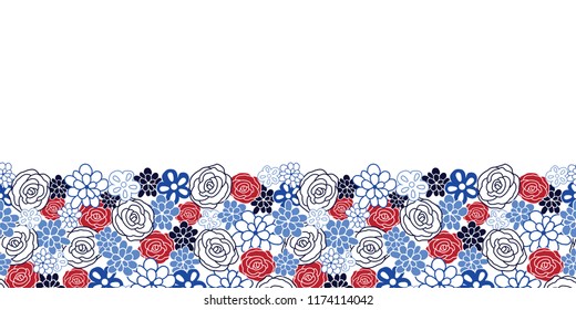 Seamless repeat border pattern tossed flower texture with blue white and red roses and hand drawn flowers. Great for fabric, paper products, stationary, home decor and more.