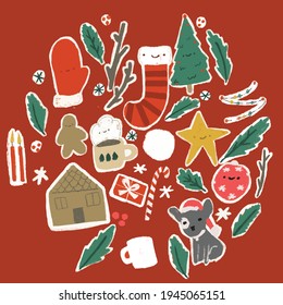 Seamless repeat Christmas vector pattern with trees gloves cup ornament and gingerbread house.