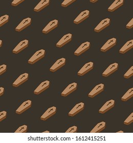 Seamless repeat coffin pattern isolated on a dark brown background