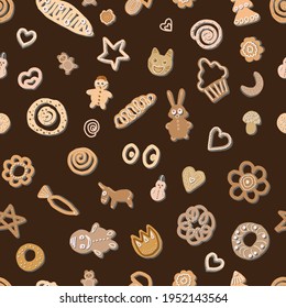 Seamless repeat cookies pattern. Drawn crackers, cookies, biscuits and pretzels of different shapes in natural neutral colors on a brown background. Vector illustration