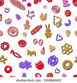 Seamless repeat cookies pattern. Drawn crackers, cookies, biscuits and pretzels of different shapes in natural bright colors on a white background. Vector illustration