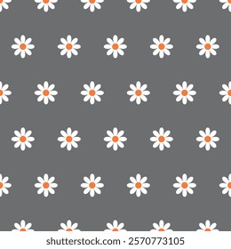 Seamless repeat cute floral daisy pattern on grey background. Vector simple flat graphic illustration. Texture.