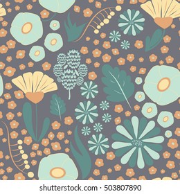 Seamless repeat with exotic flowers and plants. Bright and funky floral pattern on a grey background. 