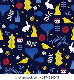 Seamless repeat fairy garden pattern with white rabbits, birds, hedge hogs flowers and foliage. Perfect for scrapbooking, stationary, textiles, fashion, home decor, and more.