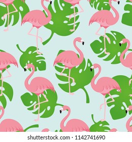 Seamless Repeat Flamingo Monstera Leaf Blue Exotic Background