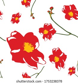 Flor roja floral y floral repetida sin brillo sobre fondo blanco.  Tile, papel tapiz, tela, patrón de superficie
