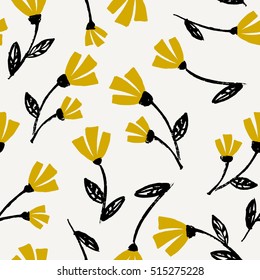 Seamless repeat flowers pattern in black, mustard yellow and cream. Beautiful floral textile, wallpaper, wrapping paper, wall art design.