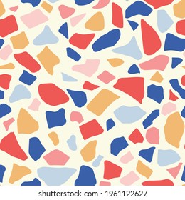 Seamless repeat geometric vector pattern. Blue, Red, Pink, gold beige, stone terrazzo paving.
