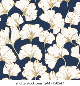 Seamless Repeat Ginko Pattern Gold Navy Leaves Asian Exotic Herbs Mushroom Oyster