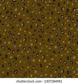 Seamless repeat leopard pattern design, vector illustration background drawn in shades of olive, yellow and mustard colors.