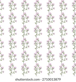 A seamless repeat of light pink blossoms on slender green stems creates a fresh, botanical look suitable for wallpapers, fabrics, packaging, and digital backgrounds.