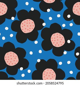 Seamless Repeat Modern Pattern Daisies Dots Vector Floral on Blue Background. Textile Fashion Wallpaper Gift Use. 