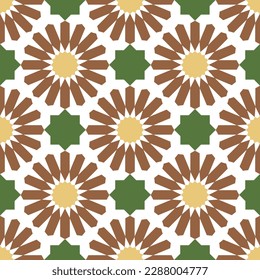 Seamless Repeat Moroccan Tiles Zellige Pattern Vector in Brown, Yellow, Green 