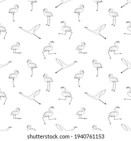 Seamless repeat outline cartoon Doodle flamingos pattern isolated on white background. Cute vector animals are active, dancing, fly, sleep, rest, dream, walk. Black line monochrome effect