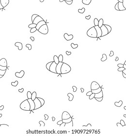 Seamless repeat outline patterns for coloring book. White black isolated bees are in love with hearts near their heads are arranged in no particular order