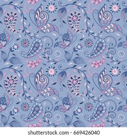 Seamless Repeat Paisley Floral Butterfly Pattern / Navy and Pink on Blue Background / Global Colors saved with Pattern Swatches / Vector Illustration