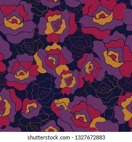 Seamless Repeat Pattern with Abstract Floral Carnations or Roses. Retro Bauhaus 60-s vibes. Dark opulent colors.