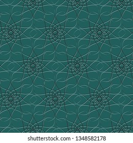 Seamless repeat pattern of an abstract, geometrical, elegant, chique flower. Overlapping shape of a leaf at a green background. Limited color palette of four shades of green. Large scale, flat vector.