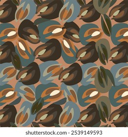 Seamless repeat pattern. Abstract ovals geometric vector design. Coffee beans, nuts or animal skin effect. Textiles, packaging, wallpaper, background. Fashion, interiors or paper print.