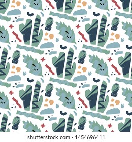 Seamless repeat pattern with abstract shapes and cactuses in paper cut style. Hand drawn fabric, gift wrap, brend design, card, poster. Womens day, Mothers day design. Vector illustration