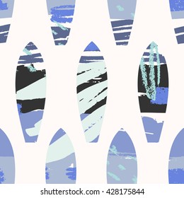 Seamless repeat pattern with abstract texture surf boards in violet, blue and black on white background.