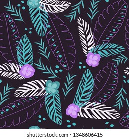 Seamless repeat pattern of an abstract tropical bouquet with bright neon colored flowers in green, turquoise and purple. Dots, outlined leafs and flowers, isolated at a dark background. Large scale.