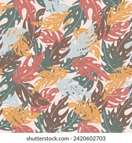 Seamless repeat pattern with abstraction monstera leaves. Hand drawn vintage floral elements. Vector flat background