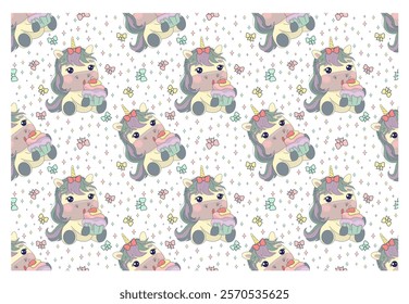 Seamless repeat pattern with adorable unicorns and bows. Design for printing on t-shirt, poster, banner. Beautiful print for t-shirt, shopper, notebooks, covers, posters and cards