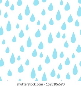 Seamless repeat pattern with all over blue rain tear drops on a white background