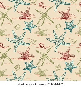 Seamless Repeat pattern Allover Print with Sea Stars / Sea Star Contours Drawings on Sand Color Background / Global Colors saved with pattern swatches / vector illustration