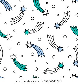 Seamless repeat pattern with aquamarine and light blue comets on a white background. Cute vector texture in doodle style. Perfect for fabric, wallpaper, wrapping, nursery design, bedding.