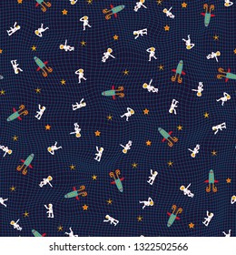 Seamless repeat pattern. Astronauts in a white suit dancing in the universe. Space shuttles and stars on a dark blue, wavy, distorted background. Limited color palette in a flat cartoon style. Vector
