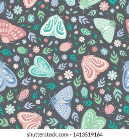 Seamless repeat pattern background of moths, beetles, leaves and flowers. A vector surface design of insects and flora ideal for a spring and summer design.