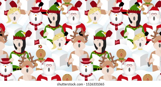 seamless repeat pattern background of santa claus, snowman, elf, gingerbread man, reindeer and fairy singing christmas carols