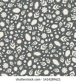 Seamless repeat pattern background of white silhouette beetles, leaves and flowers. A vector surface design of insects and flora.