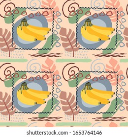 seamless repeat pattern with bananas, tropical leaves and abstract shapes