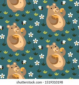 seamless repeat pattern with bear, bee, honey and flower