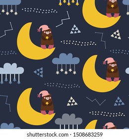 seamless repeat pattern with bears, moons and stars