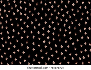 Seamless repeat pattern with beautiful hand drawn small flowers in pastel orange on black background. Hand drawn fabric, wall art design, gift wrap, clothes prints