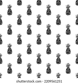Seamless repeat pattern with black pineapples on white background. Vector flat illustration in doodle style
