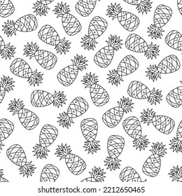 Seamless repeat pattern with black and white outline pineapples in doodle style. Vector flat illustration