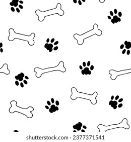 Seamless repeat pattern with black and white bones and paw prints. Versatile use for gender neutral pet, dog, vet projects